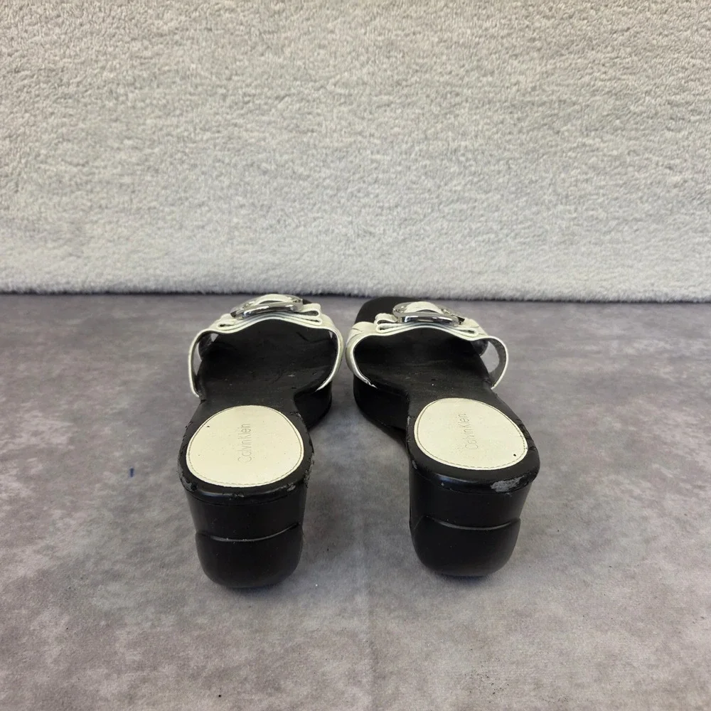 Calvin Klein Womens White Buckle Platform Wedge Slide Sandals Black Cutout Heel